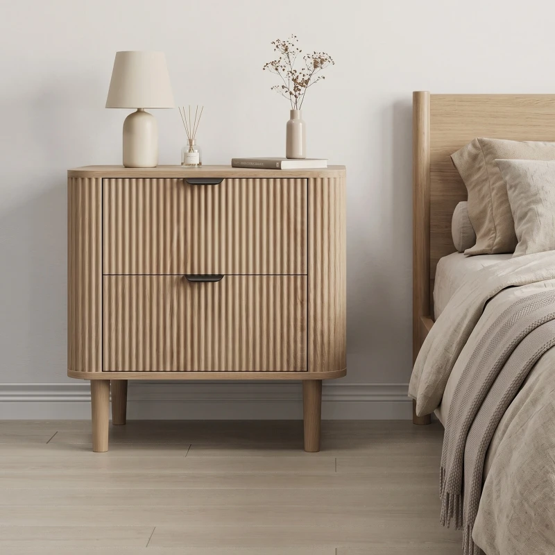Nordic Farmhouse Bedside Table with 2 Drawers, Practical Oak Storage Side Cabinet for Bedroom Living Room, 57L x 40W x 57H cm, Oak