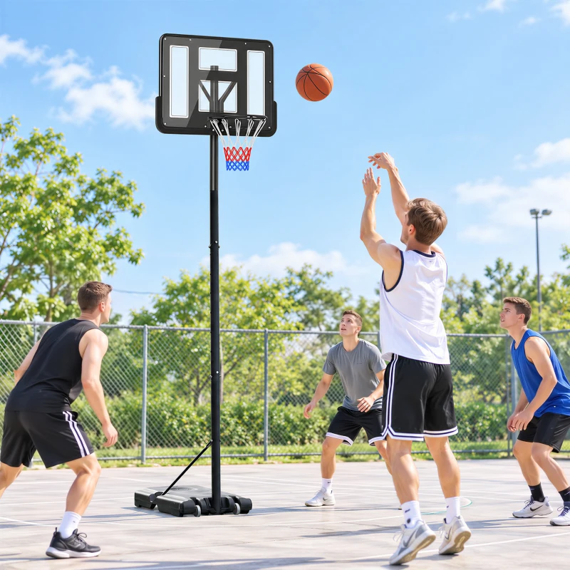 HOMCOM Cesta de Basquetebol com Altura Ajustável 220-365 cm Aro de Basquetebol com Suporte Rodas Base Recarregável Preto