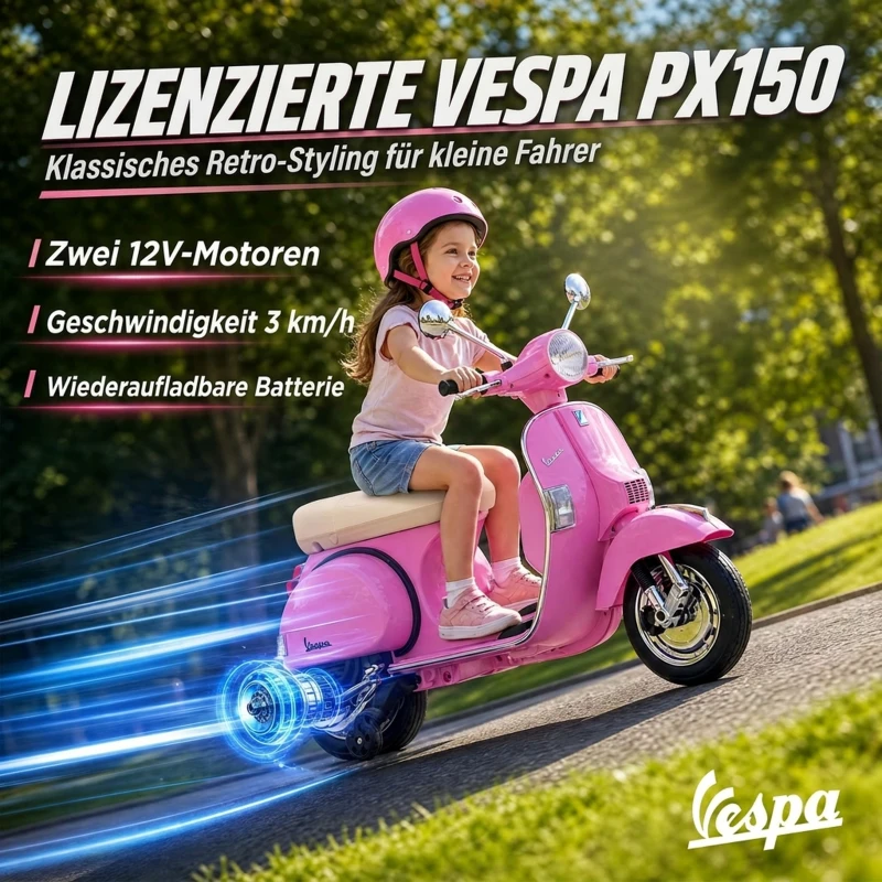 AIYAPLAY Elektryczny motocykl dziecięcy Vespa PX150 12V z akumulatorem litowym 35W 2 silniki ograniczenie skrętu 25° dla 3-6 lat