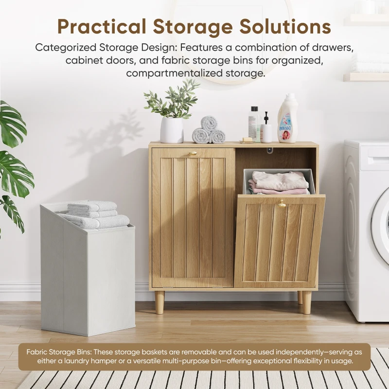Slanted Laundry Cabinet with 2 Removable Inner Baskets, Freestanding Storage Unit for Bathroom and Laundry, 69.5L x 35W x 70.5H cm, Oak