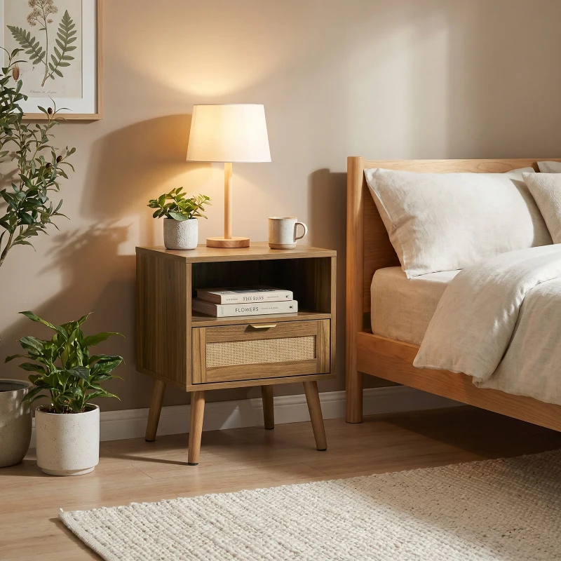 Boho Rattan Nightstand with Rattan Drawer, Open Shelf and Gold Handles, Mid-Century Bedside Table for Bedroom, 45L x 40W x 55H cm, Walnut