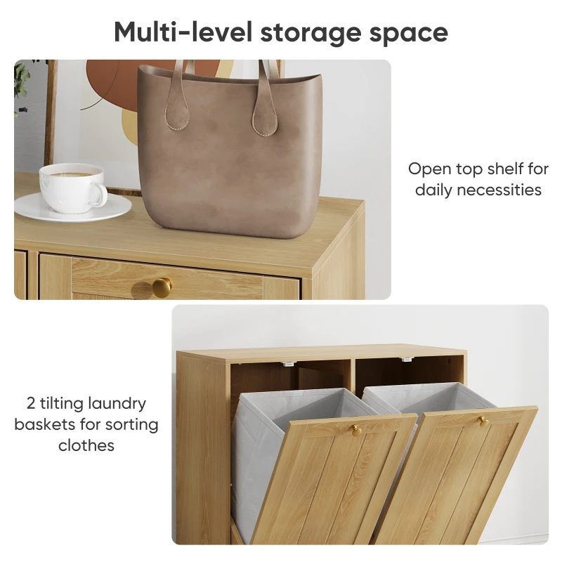 Smart Oak Tilted Laundry Hamper with 2 Baskets, Hidden Free-Standing Laundry Cabinet for Bathroom Utility Room, 66L x 33W x 68H cm, Oak