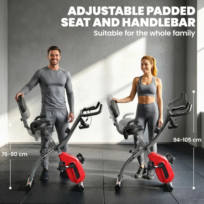 SPORTNOW 4-In-1 Folding Exercise Bike with Resistance Bands, Bluetooth App, 8-Level Magnetic Resistance, LCD Display, Red