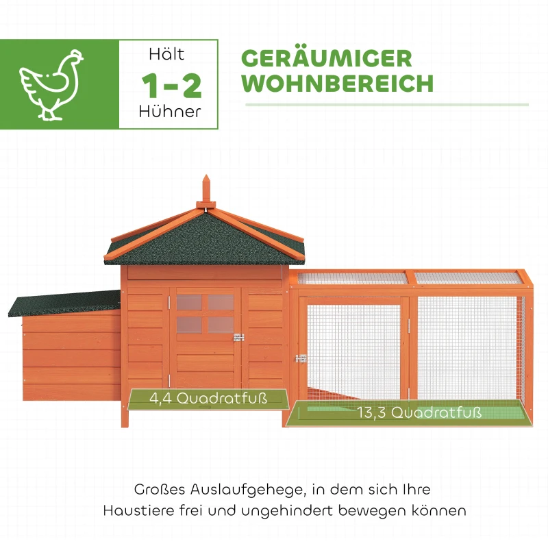 PawHut Hühnerstall Holz Hühnerhaus für 1-2 Hühner 196 x 76 x 97 cm Hühnervoliere mit Auslauf Nistkasten 3 Türen Fenster