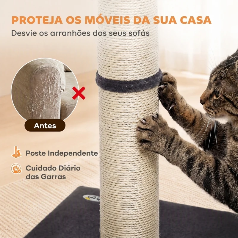 PawHut Arranhador para Gatos 80 cm com Corda de Sisal e Base em Pelúcia, Cinzento-Escuro