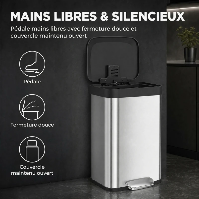 HOMCOM Poubelle de Cuisine 50 L en Acier Inoxydable, Pédale, Couvercle à Fermeture Douce, Compartiment Désodorisant, Argenté