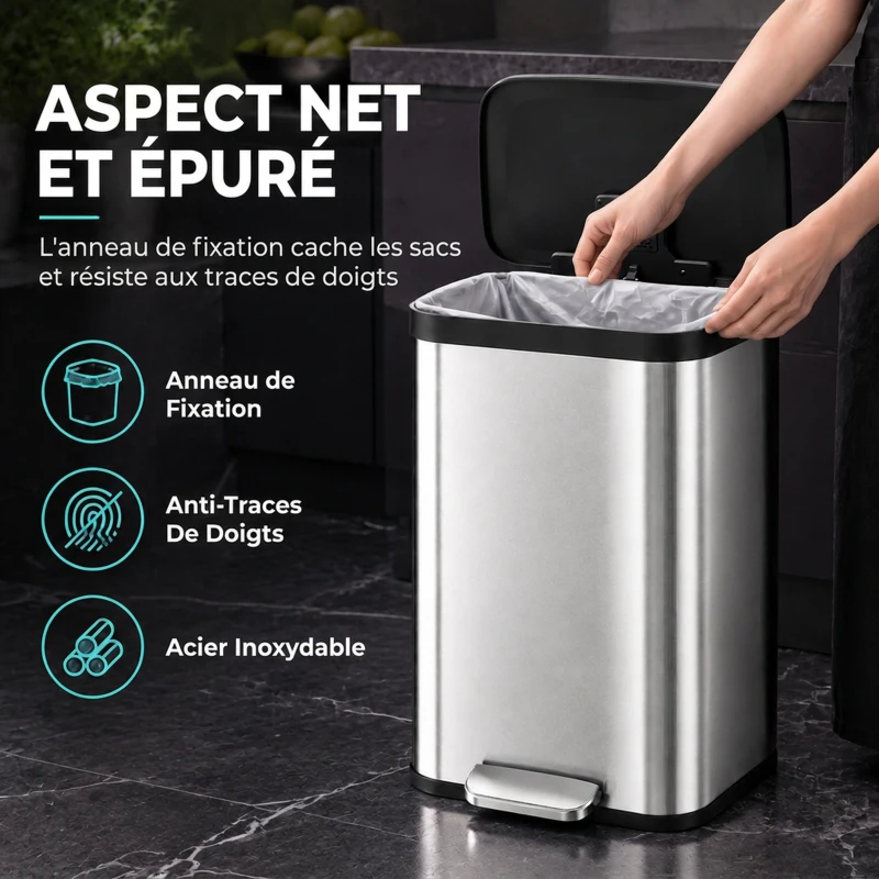 HOMCOM Poubelle de Cuisine 50 L en Acier Inoxydable, Pédale, Couvercle à Fermeture Douce, Compartiment Désodorisant, Argenté