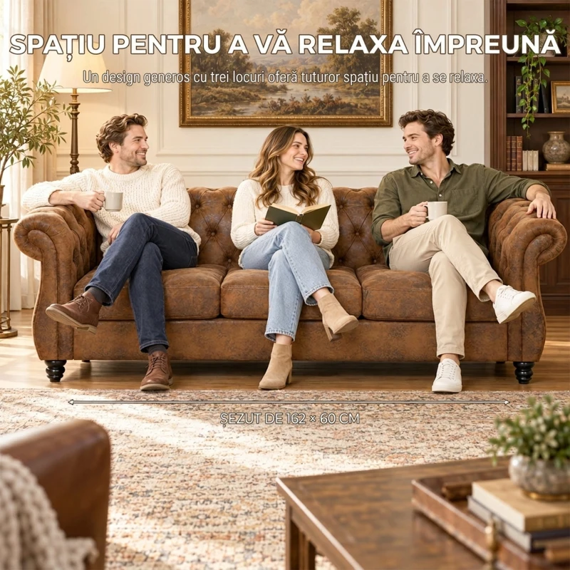HOMCOM Canapea Chesterfield 3 Locuri din Material Respirabil cu Aspect de Piele, Șezut Lat, Umplutură Groasă, Maro Cafea