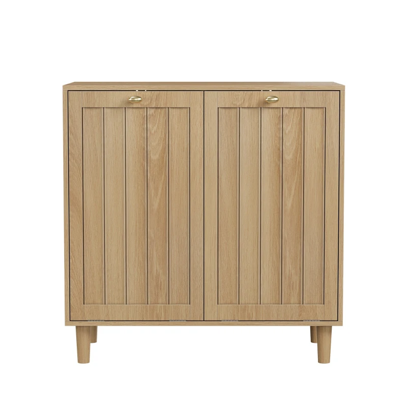 Slanted Laundry Cabinet with 2 Removable Inner Baskets, Freestanding Storage Unit for Bathroom and Laundry, 69.5L x 35W x 70.5H cm, Oak