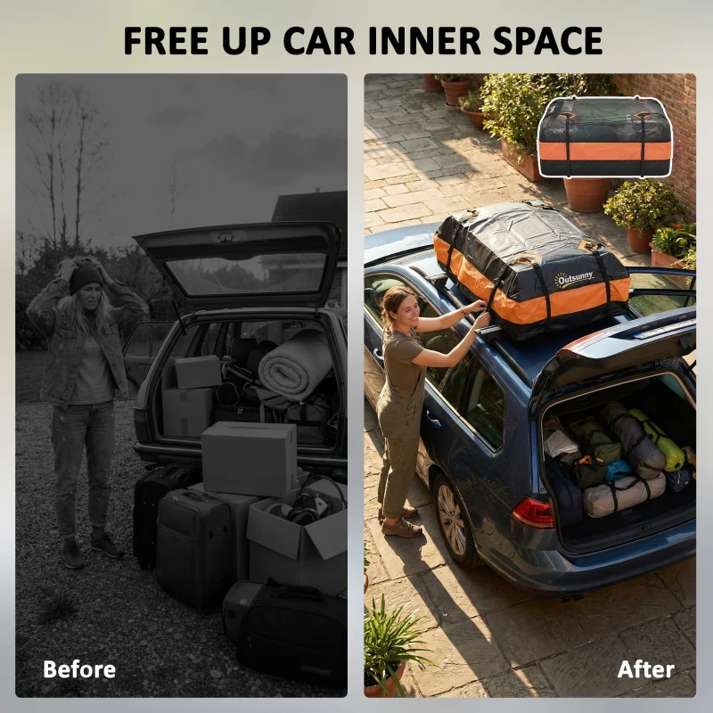 Outsunny Car Roof Bag, 425 L Soft Car Roof Box, 8 Reinforced Straps, Anti-Slip Mat, Vehicles with/without Racks, Orange