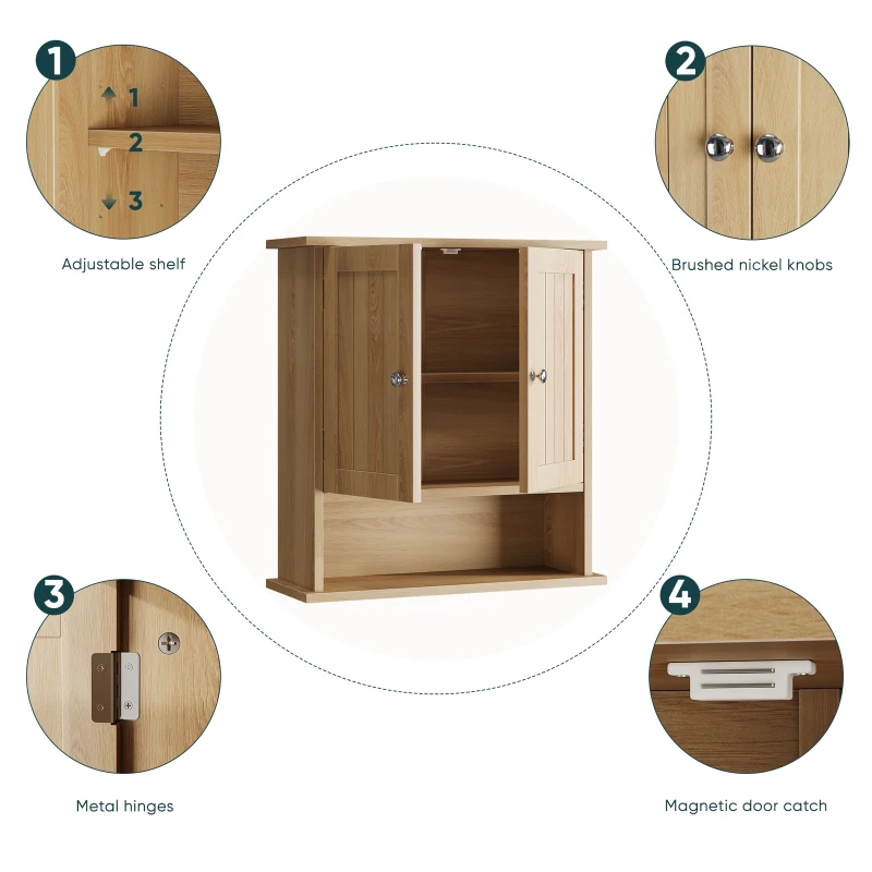 Wall-Mounted Vanity with Double Doors and Adjustable Shelf, Waterproof Wall Cabinet for Bathroom and Kitchen, 55L x 20W x 60H cm, Oak
