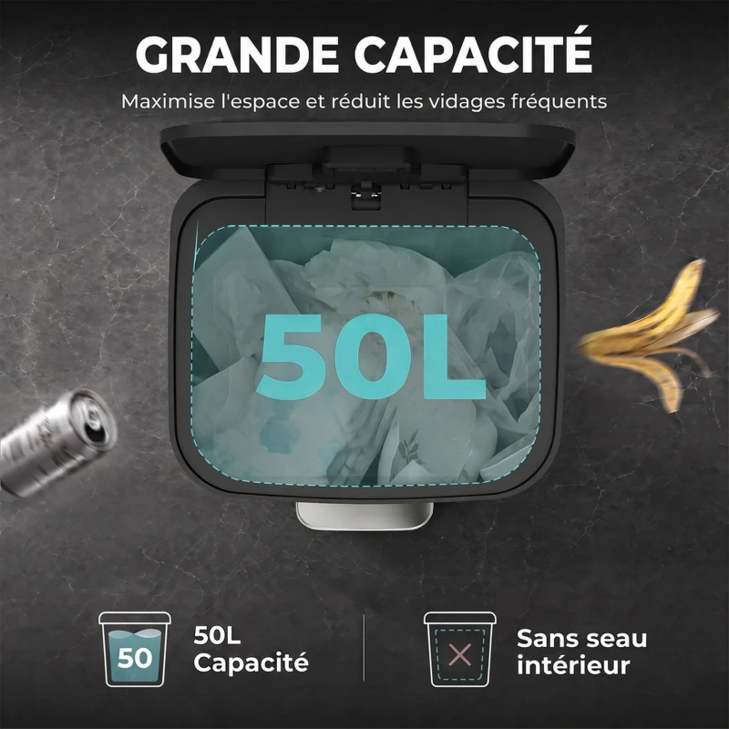 HOMCOM Poubelle de Cuisine 50 L en Acier Inoxydable, Pédale, Couvercle à Fermeture Douce, Compartiment Désodorisant, Argenté