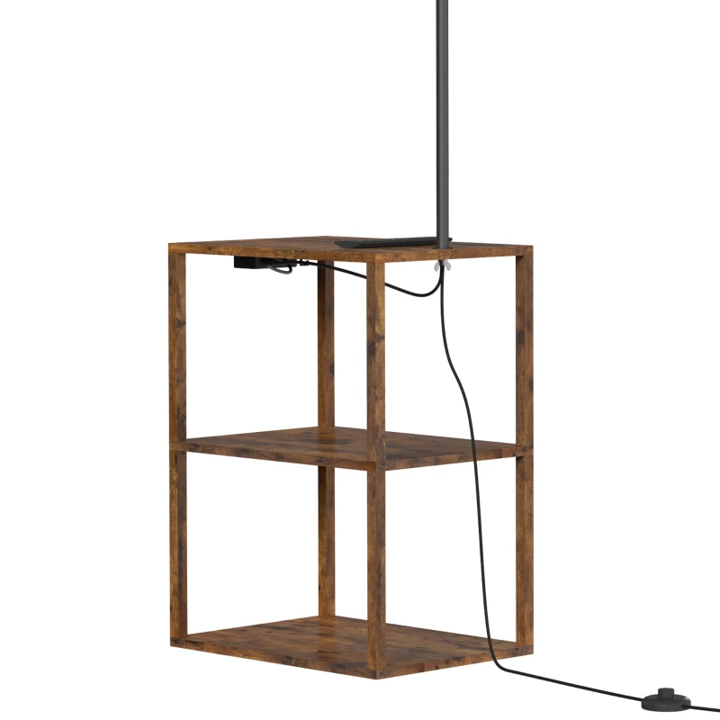 HOMCOM Dimmable Floor Lamp with Shelves, Charging Station, 3-Tier Storage Table, Adjustable Fabric Lampshade, Rustic Brown