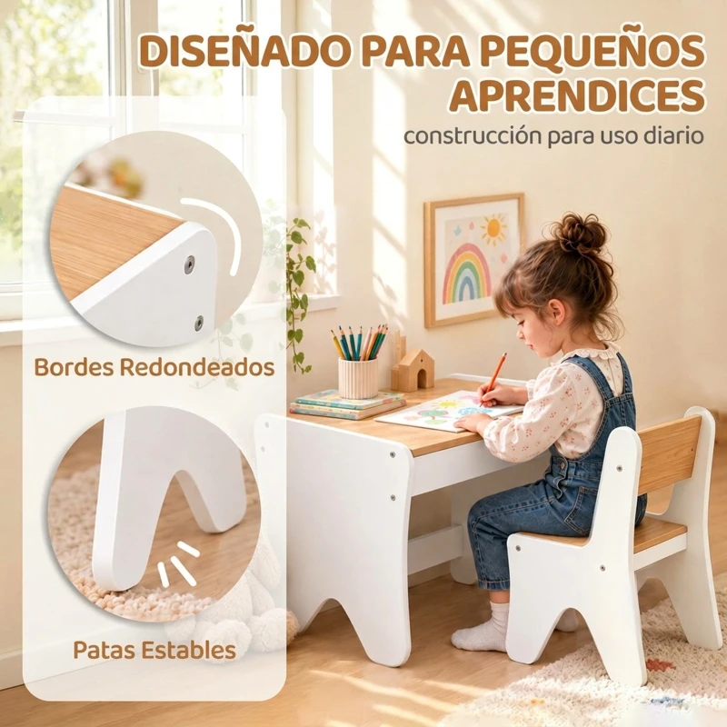 AIYAPLAY Juego de Mesa Infantil con Silla con Cajón Mesa y Silla Infantil Montessori 3 a 8 Años Blanco y Madera Natural