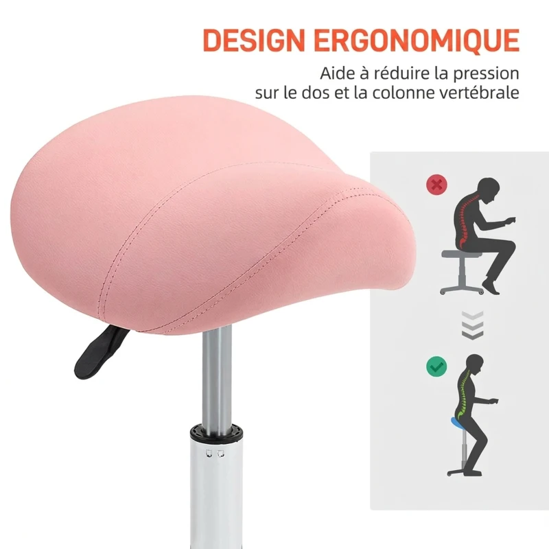 HOMCOM Tabouret à roulettes, chaise de travail avec hauteur réglable 49-61 cm et selle ergonomique, 52x53x49-61cm, rose