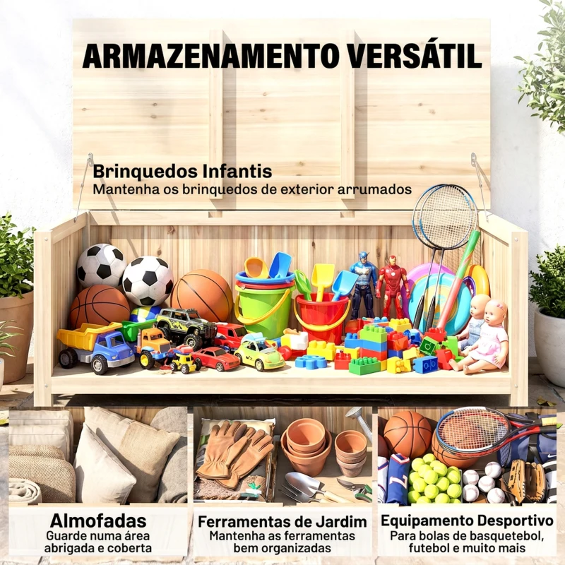 Outsunny Baú de Armazenamento Exterior em Madeira 172 L com Tampa Articulada Resistente às Intempéries para Jardim Madeira