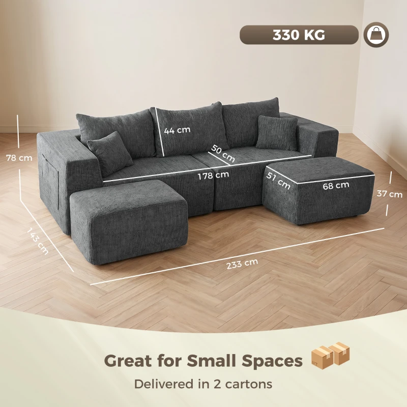 HOMCOM Sofá Modular en U de 3 Plazas con 2 Otomanas Bolsillos Sofá de Chenilla con Asiento Ancho No Requiere Montaje Gris