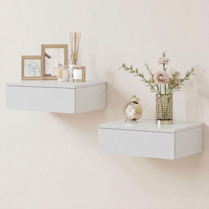 HOMCOM 2-delig set nachtkastjes, wandmontage ontwerp, lade, voor slaapkamer, spaanplaat, Wit
