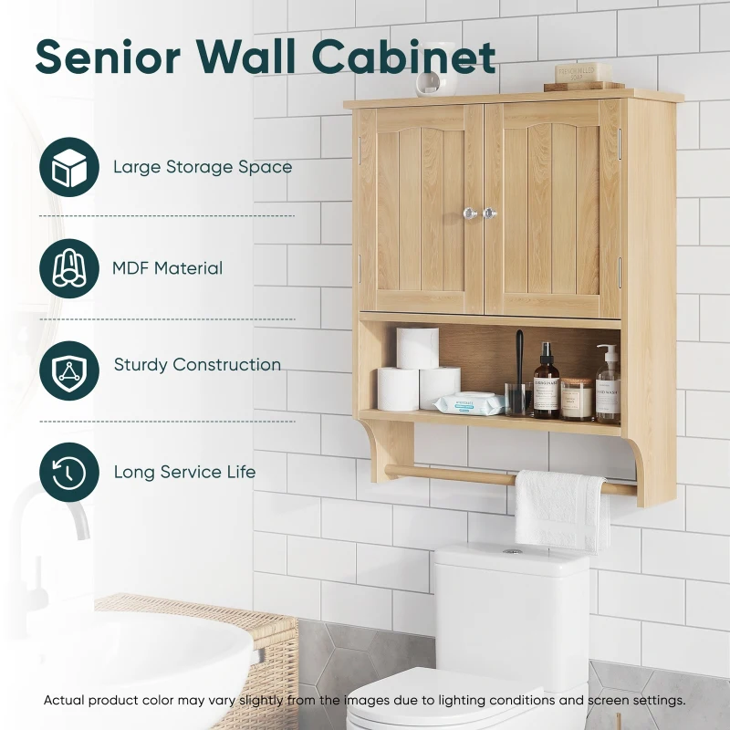 Waterproof Oak Bathroom Cabinet with Towel Rack, Space-Saving Wall-Mounted Vanity for Bathroom Laundry Kitchen, 60L x 20W x 70H cm, Oak