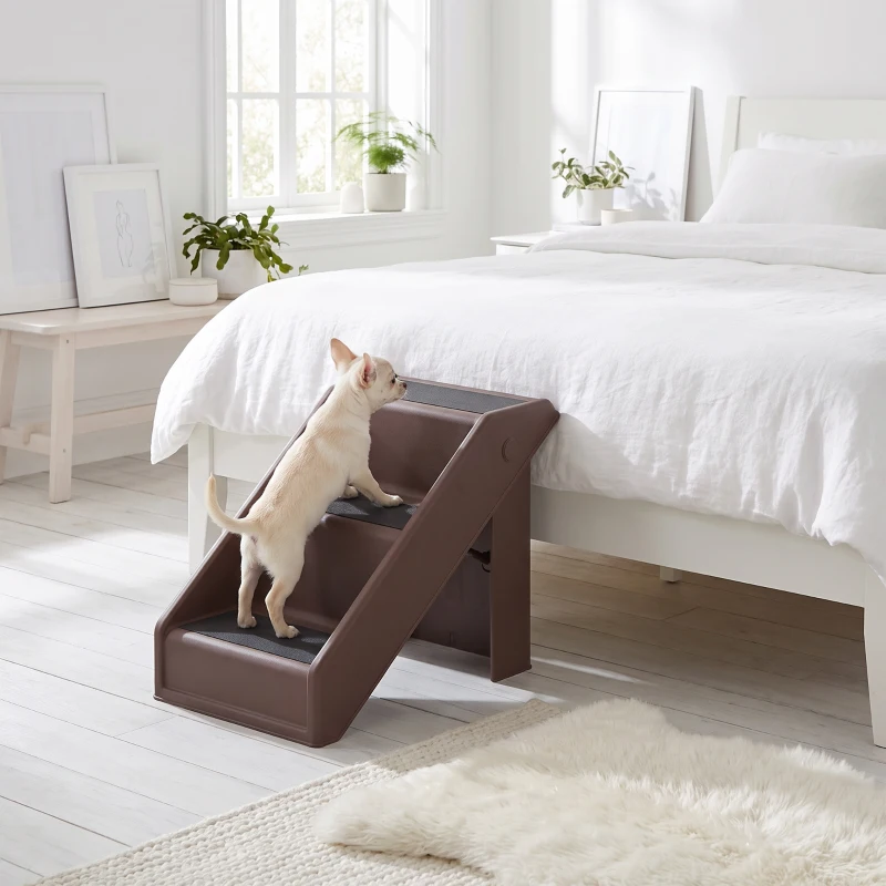 PawHut Escada Dobrável para Cães de 3 Degraus para Animais de Estimação Idosos para Cama Sofá 53x30,5x36,5 cm Castanho