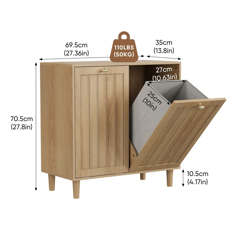 Slanted Laundry Cabinet with 2 Removable Inner Baskets, Freestanding Storage Unit for Bathroom and Laundry, 69.5L x 35W x 70.5H cm, Oak