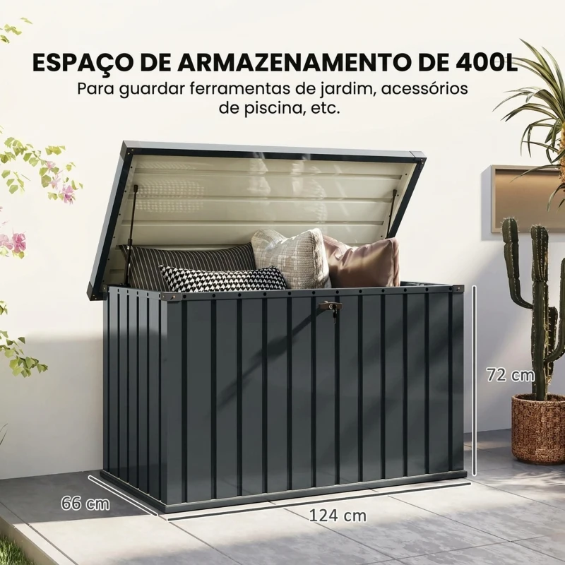 Outsunny Baú de Arrumação Exterior 400 L em Aço Galvanizado Resistente à Intempérie com Fechadura Cinzento