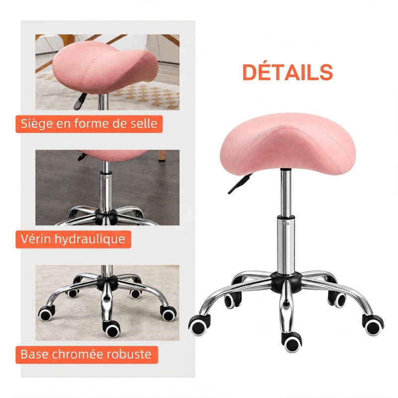 HOMCOM Tabouret à roulettes, chaise de travail avec hauteur réglable 49-61 cm et selle ergonomique, 52x53x49-61cm, rose