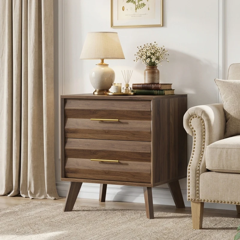 Sturdy Walnut Double Drawer Bedside Table with Metal Handles, Sleek Bedside Storage Cabinet for Bedroom, 50L x 40W x 58H cm, Walnut