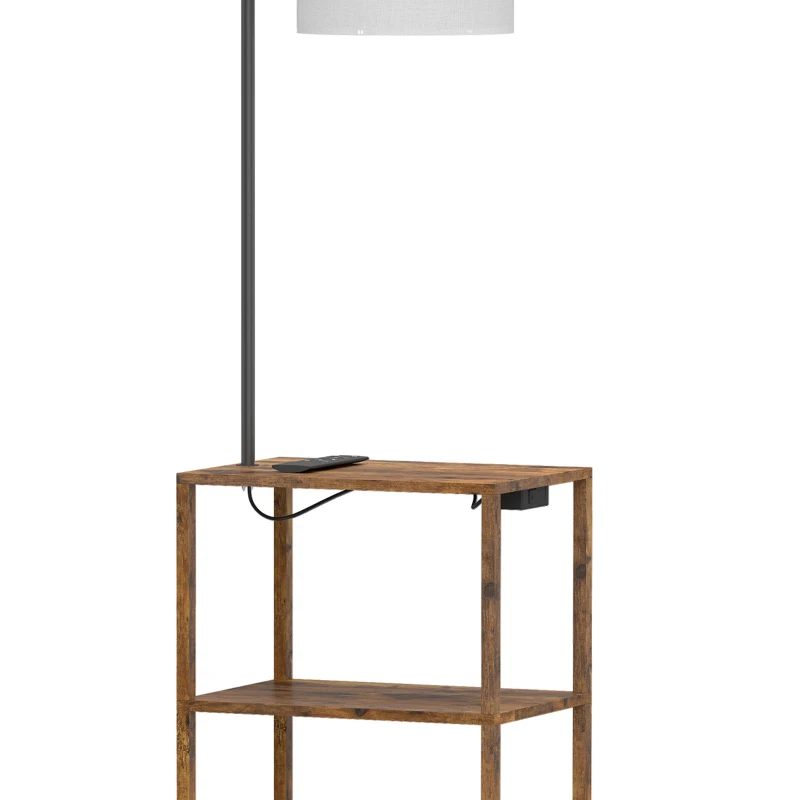 HOMCOM Dimmable Floor Lamp with Shelves, Charging Station, 3-Tier Storage Table, Adjustable Fabric Lampshade, Rustic Brown