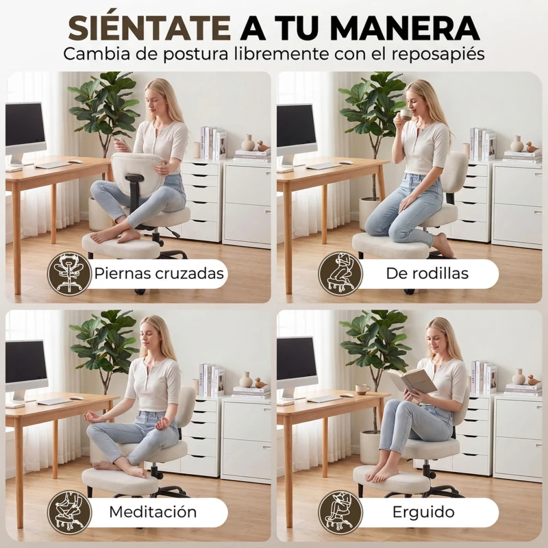 HOMCOM Silla de Oficina Ergonómica para Piernas Cruzadas Giratoria 360° Ruedas PU Altura Ajustable para TDAH Meditación Crema