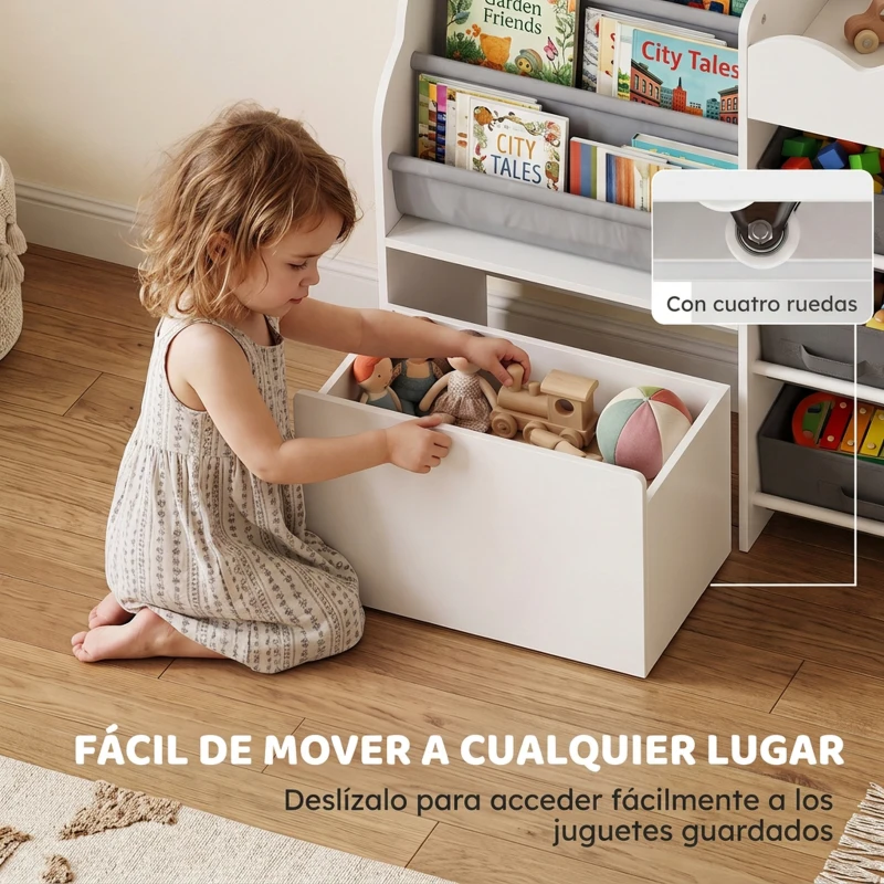 AIYAPLAY Estantería Infantil Juguetes con 8 Cestas de Tela Cajón con Ruedas Librería Estante Abierto 3-8 Años 109x30x80cm Blanco