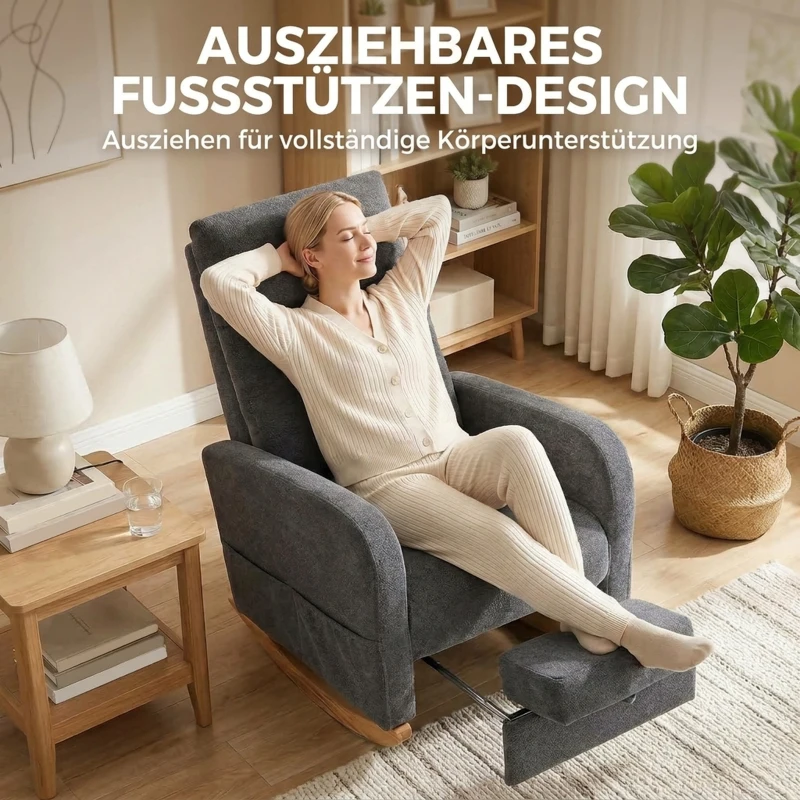 HOMCOM Fotel bujany z wysuwanym podnóżkiem jako ergonomiczny fotel do karmienia z wysokim oparciem, szary