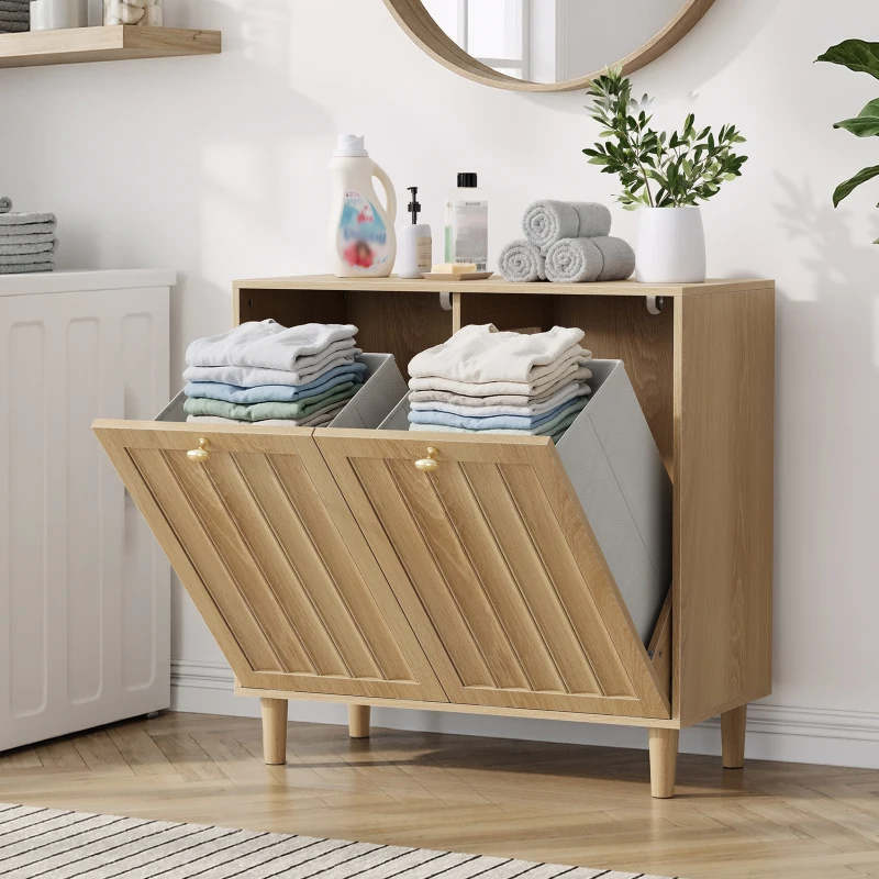 Slanted Laundry Cabinet with 2 Removable Inner Baskets, Freestanding Storage Unit for Bathroom and Laundry, 69.5L x 35W x 70.5H cm, Oak