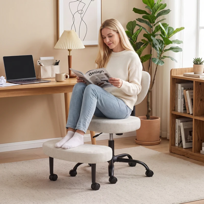 HOMCOM Silla de Oficina Ergonómica para Piernas Cruzadas Giratoria 360° Ruedas PU Altura Ajustable para TDAH Meditación Crema