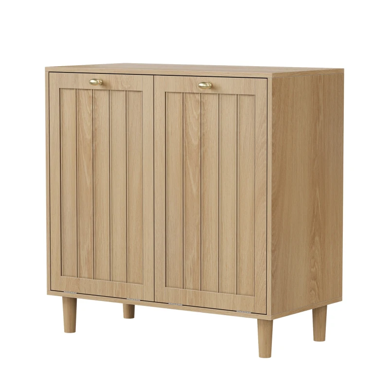 Slanted Laundry Cabinet with 2 Removable Inner Baskets, Freestanding Storage Unit for Bathroom and Laundry, 69.5L x 35W x 70.5H cm, Oak