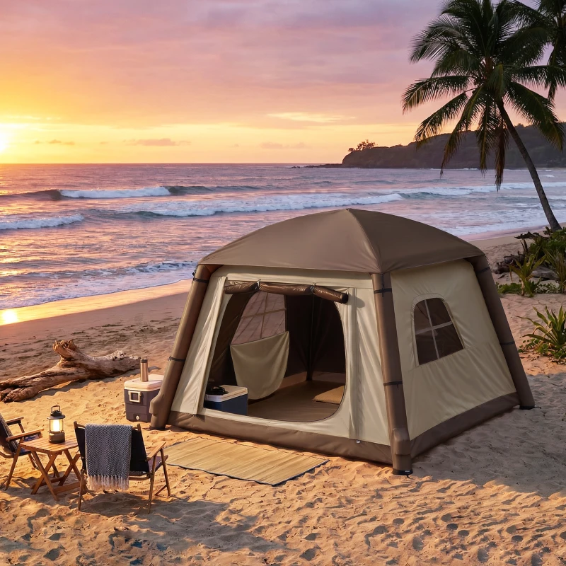 Outsunny Aufblasbares Campingzelt 1-2 Personen Outdoor Familienzelt mit Haken Luftpumpe Fenstern Türen für 4 Jahreszeiten