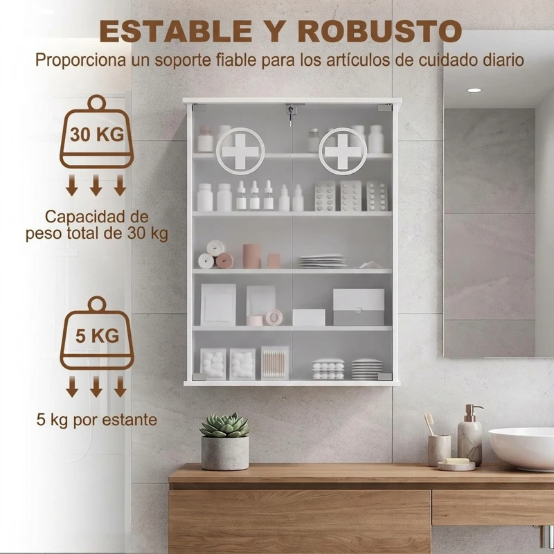 HOMCOM Botiquín de Pared de 5 Niveles con 2 Puertas de Cristal Estantes Ajustables Cerradura y 2 Llaves 60x17x82,5 cm Blanco