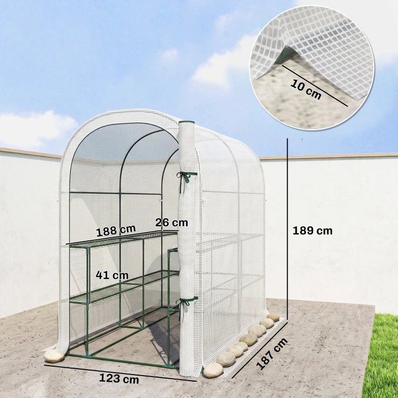 Outsunny Walk-in Greenhouse with Shelves, Small Greenhouse with PE Cover and Roll-up Door, 123 x 187 x 189 cm, White