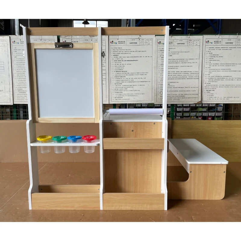 AIYAPLAY Mesa Infantil con Silla 5 en 1 con Pizarra Negra/Blanca y Rollo de Papel Almacenaje 4 Vasos de Pintura 3-8 Años Blanco