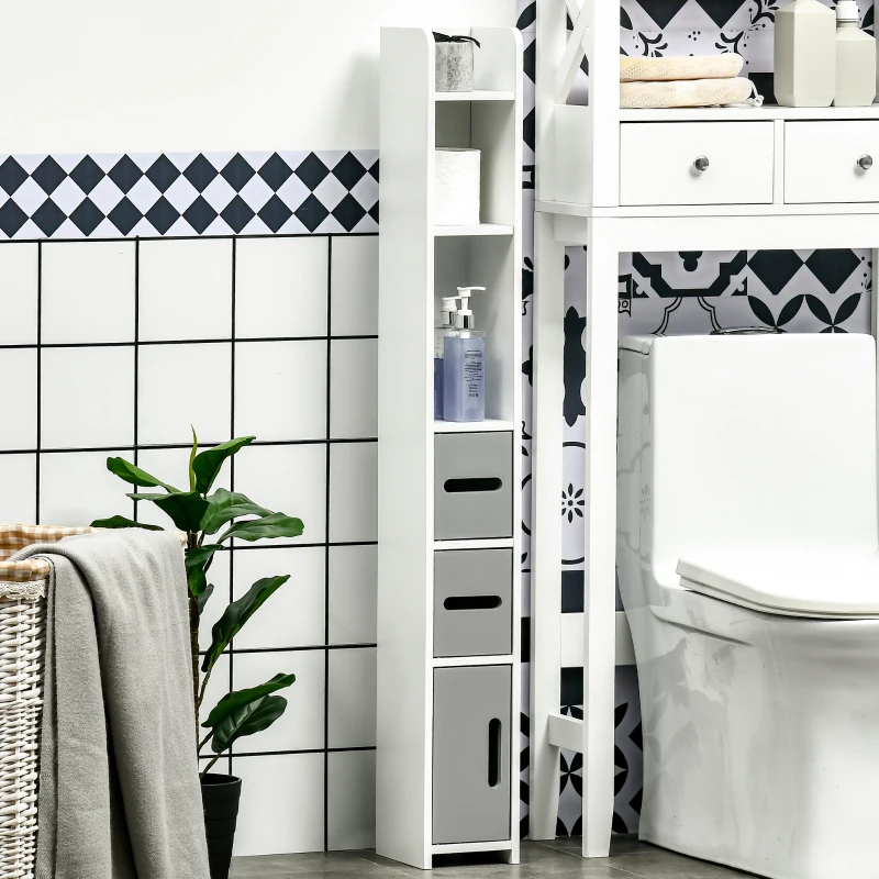 kleankin Coluna Casa de Banho com 3 Portas e 3 Prateleiras Abertas Coluna Auxiliar  Estilo Moderno 15x17x120cm Branco e Cinza