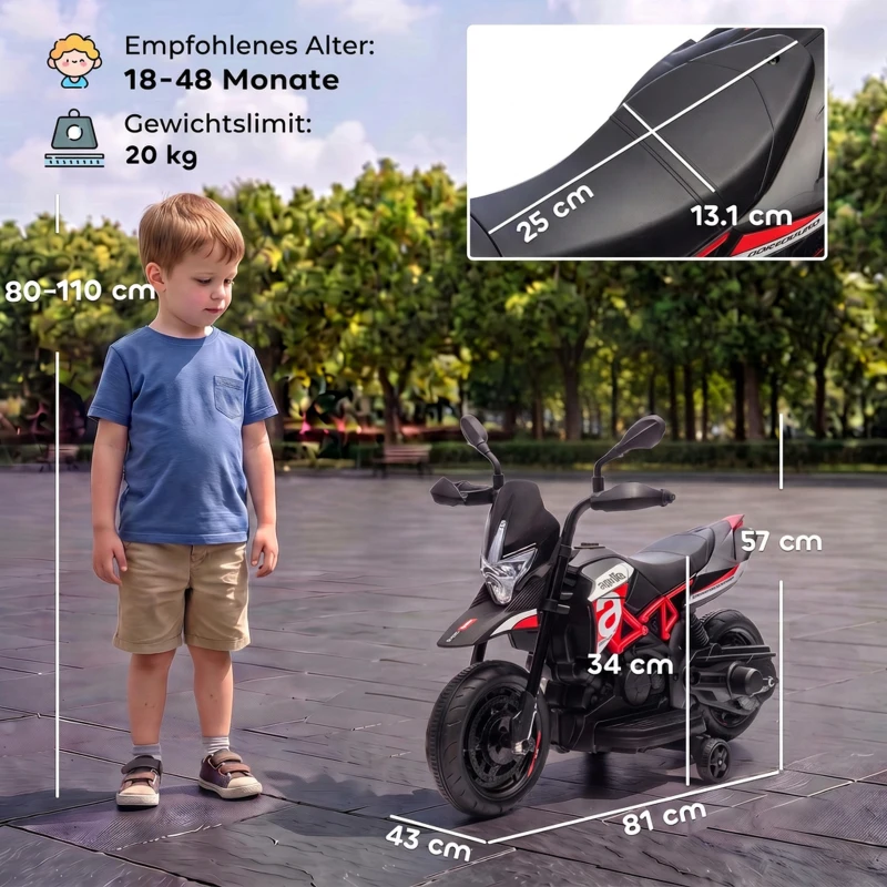 AIYAPLAY Elektryczny motocykl dziecięcy APRILIA 6 V z akumulatorem litowym 25 W silnik ograniczenie skrętu 30° odłączane kółka pomocnicze