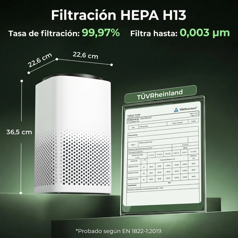 HOMCOM Purificador de Airecon Filtro HEPA hasta 27 m² Modo Sueño/Auto Control App y Voz Silencioso Temporizador Blanco