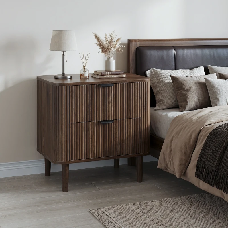 Modern Walnut-Effect Bedside Cabinet with 2 Drawers and Fluted Fronts, Retro Storage for Bedrooms and Offices, 57L x 40W x 57H cm, Walnut