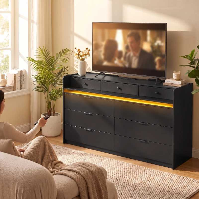 HOMCOM Chest of Drawers for Bedroom with LED Light & Charging Station, 9 Drawers Storage Unit/TV Stand, Black