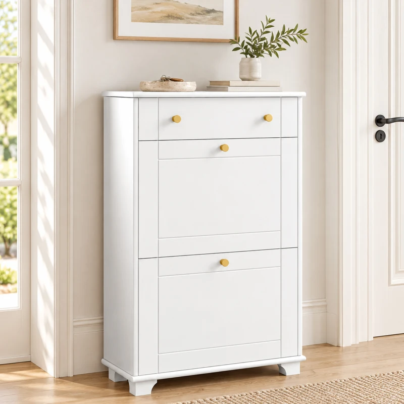 HOMCOM Meuble chaussure entrée étroit avec tiroirs à portes abattants et étagère réglable, 60 x 23,5 x 98,5 cm, blanc
