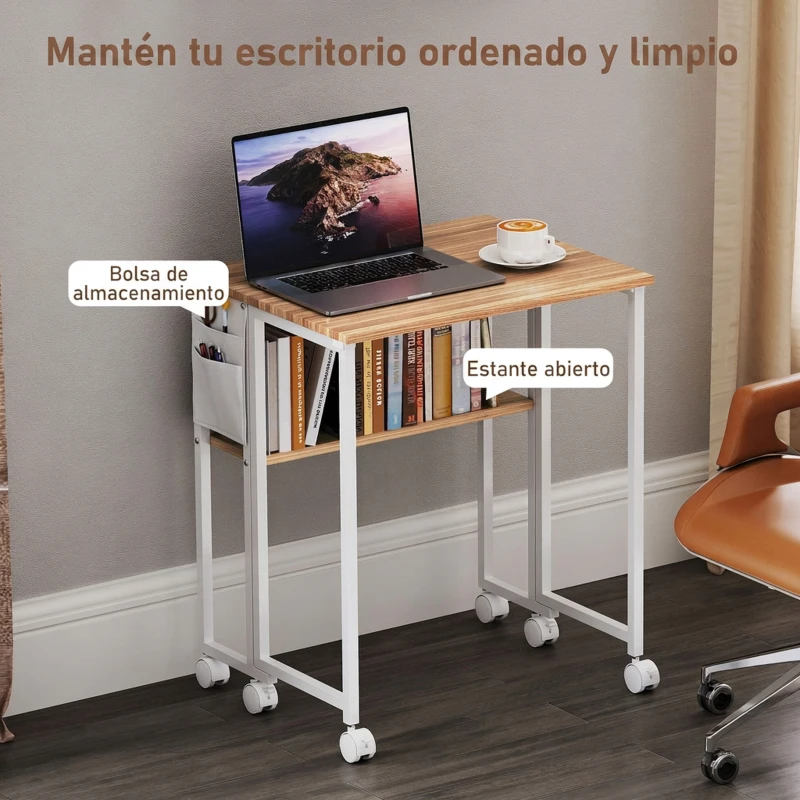 HOMCOM Escritorio Plegable con Ruedas Balda y Bolsillo de Almacenaje Ideal para Espacios Pequeños 63x50x75 cm Blanco y Natural