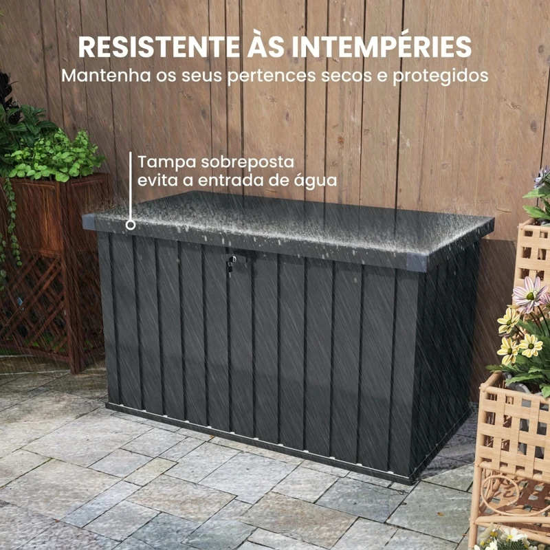 Outsunny Baú de Arrumação Exterior 400 L em Aço Galvanizado Resistente à Intempérie com Fechadura Cinzento