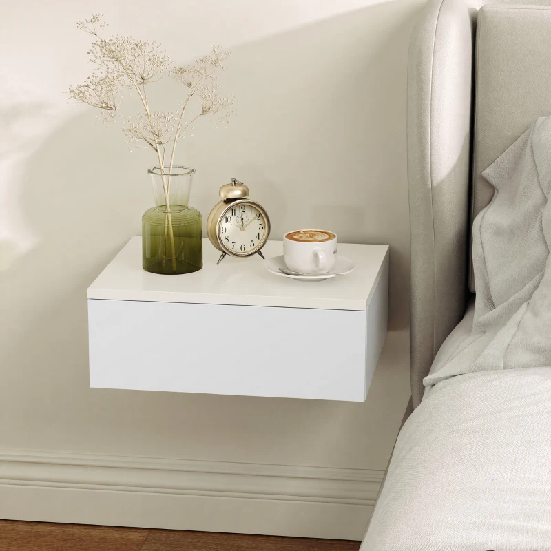 HOMCOM 2er-Set Nachttische, wandmontiertes Design, Schublade, für Schlafzimmer, Spanplatte, Weiß