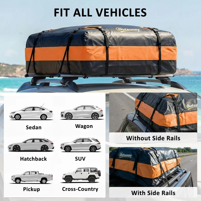 Outsunny Car Roof Bag, 425 L Soft Car Roof Box, 8 Reinforced Straps, Anti-Slip Mat, Vehicles with/without Racks, Orange