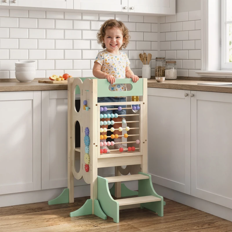 AIYAPLAY Torre de Aprendizagem Infantil Montessori 6 em 1 com Quadro, Banco de Cozinha para Crianças dos 2 aos 6 Anos, Verde
